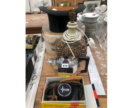 A HENRY HEATH TOP HAT, WHITE KID GLOVES, A TABLE LAMP, AN ELECTROPLATE KETTLE AND A PETRI CAMERA