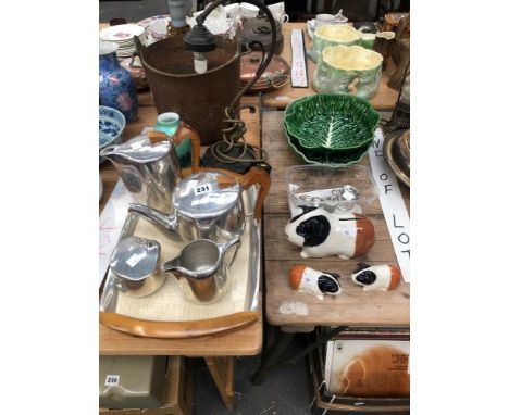 A PICQUOT FOUR PIECE TEA SET ON A TRAY, A STERLING SILVER THREE PIECE CONDIMENT SET. A TABLE LAMP, A GLASS LAMP SHADE, ARTS A