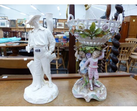 A ROYAL WORCESTER WHITE PORCELAIN LAMP BASE, TOGETHER WITH A GERMAN PORCELAIN FIGURAL BASKET ON STAND.