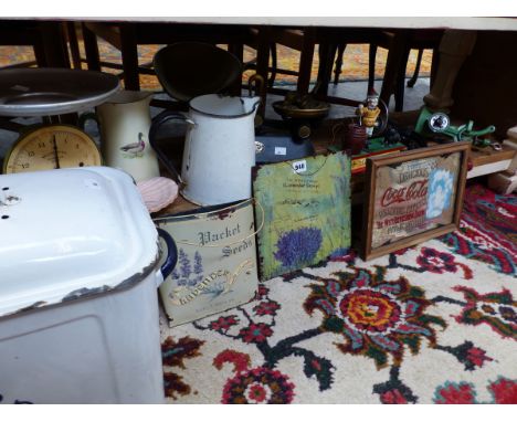A TRICK DOG CAST IRON MONEY BOX, TWO SETS OF SCALES, TWO ENAMEL JUGS. TWO TABLE CLAMP MINCERS, ETC