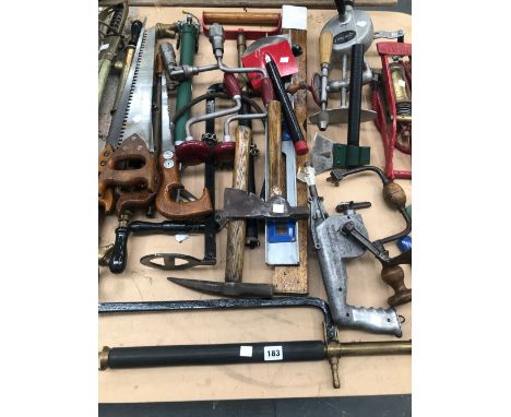 A COLLECTION OF HAND TOOLS, DRILLS, A SWORD, ETC.