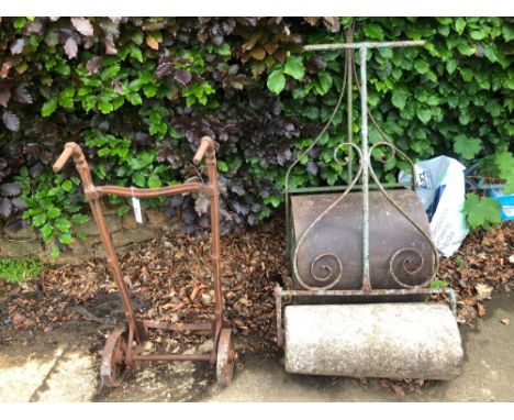 TWO VINTAGE GARDEN ROLLERS AND A SACK TRUCK.