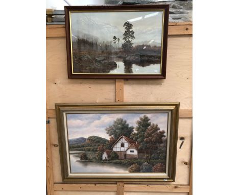 K HOSKINS. THATCHED COTTAGE BY A RIVER, SIGNED, OIL ON CANVAS. 61 x 92cms. TOGETHER WITH A LANDSCAPE PRINT (2)