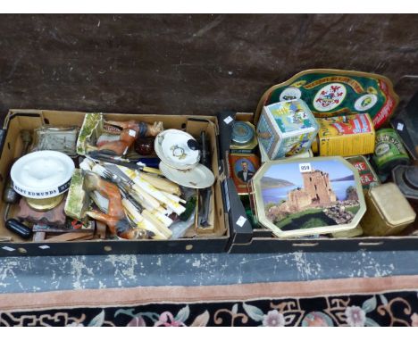 A COLLECTION OF TINS, CUTLERY, TOOLS, PLASTER DOGS, ETC.