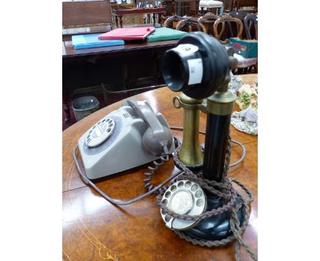 A STICK TELEPHONE TOGETHER WITH A TWO TONE MUSHROOM COLOURED TELEPHONE