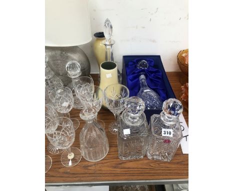DECANTERS, DRINKING GLASS, TWO STUDIO CERAMIC VASES, A TABLE LAMP, GLASS DISHES, ETC.
