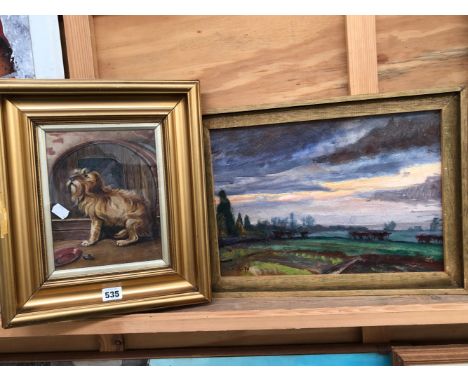 EARLY 20th C.  A NAIVE SCHOOL PORTRAIT OF A PUPPY TOGETHER WITH A LANDSCAPE OIL PAINTING BY A DIFFERENT HAND SIGNED INDISTINC