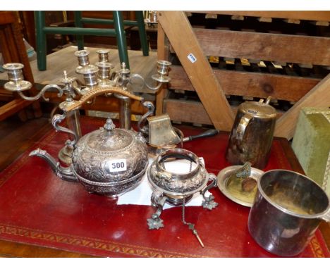 A GOOD QUALITY ANTIQUE SILVER PLATED KETTLE ON STAND, A PAIR OF CANDELABRA AND OTHER PLATED WARES. 