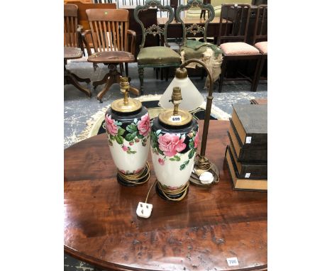 A PAIR OF VASES/LAMPS PAINTED WITH PINK ROSES, A BRASS TABLE LAMP WITH FROSTED GLASS SHADE TOGETHER WITH FOUR BOOK FORM BOXES