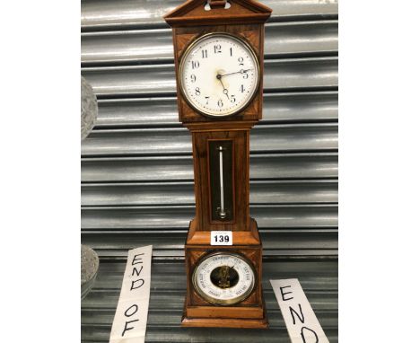 A ROSEWOOD MINIATURE LONG CASED TIMEPIECE, THERMOMETER AND ANEROID BAROMETER