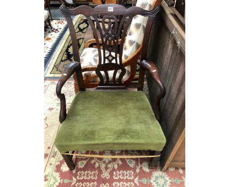 A 19th C .MAHOGANY CHIPPENDALE TASTE ELBOW CHAIR, THE STUFFED SEAT ON CANTED SQUARE FRONT LEGS