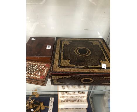 A 19th C. CHINESE LACQUER GAMES BOX, A GILT FRAME, A GEOMETRY SET AND A MIDDLE EASTERN PARQUETRY BOX