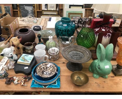 MIDDLE EASTERN CERAMICS, BONZO DOG FIGURES, A TIBETAN BRASS TAZZA, AN ARTS AND CRAFTS COPPER KETTLE, A TABLE LAMP, A SYLVAC R