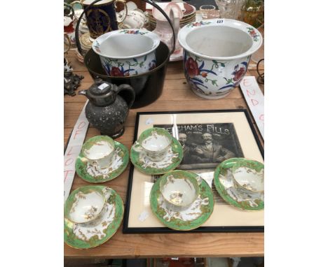 TWO PORCELAIN PLANTERS, A BRASS JAM PAN, FIVE GROSVENOR TEA CUPS, A BEECHAMS ADVERT, A ELECTROPLATE TEA POT, ETC.