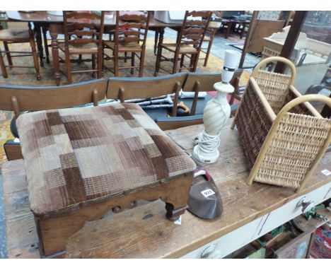 A VICTORIAN WALNUT FOOT STOOL, A MASK, A WHITE MARBLE TABLE LAMP AND A BASKET WORK MAGAZINE RACK