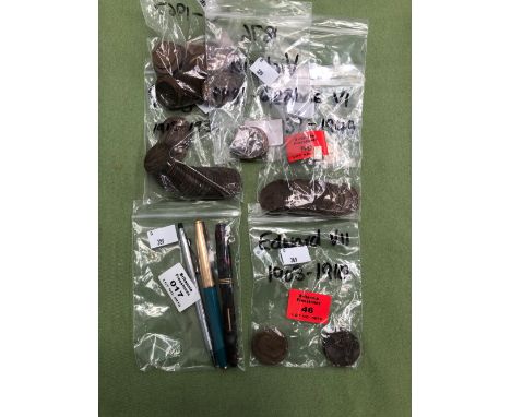 VARIOUS GB COPPER COINAGE AND THREE VINTAGE PENS. 