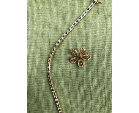 A 14ct GOLD EMERALD AND DIAMOND LINE BRACELET TOGETHER WITH A 9ct GOLD EMERALD AND SEED PEARL BROOCH 