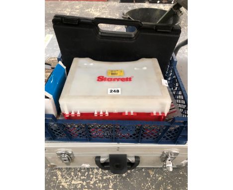 AN ALUMINIUM SUITCASE OF TOOLS, A SARRETT SET OF SAW BITS, A BOX OF TAPS AND TAP WRENCHES, ETC.