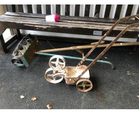 A VINTAGE PAINT APPLICATOR, A SYTHE, SCARROFIER, ETC