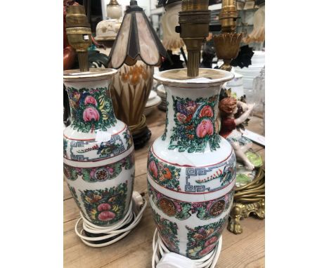 A PAIR OF CANTON VASE/LAMPS, A SATSUMA JAR/LAMP, THREE FIGURAL LAMPS AND ANOTHER SUPPORTED BY AN OWL.