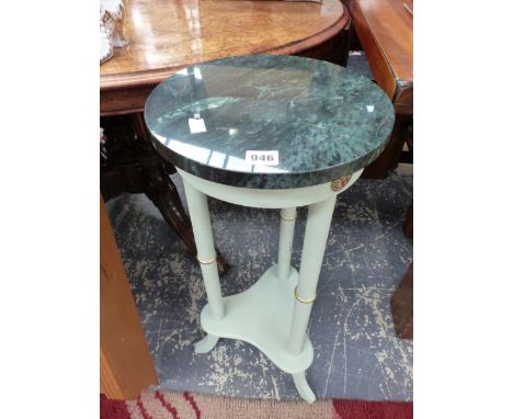 A GREEN MARBLE TOPPED PAINTED WOOD THREE LEGGED PLANTER STAND.   Dia 30 x H 75cms.