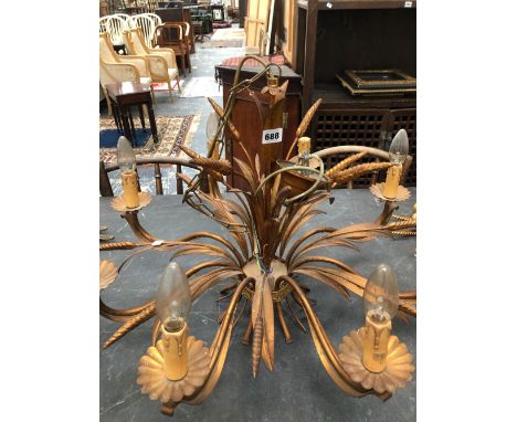 A SET OF FOUR AND A PAIR OF WALL LIGHTS EACH TOPPED BY WHEAT EARS AND TOGETHER WITH AN EIGHT LIGHT GILT METAL CHANDELIER ALSO