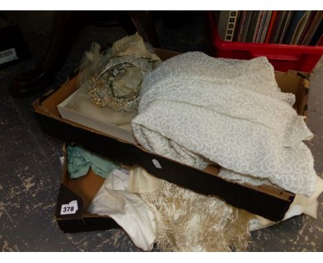 A VINTAGE WEDDING DRESS AND OTHER SILK TEXTILES AND HAIR BANDS. 