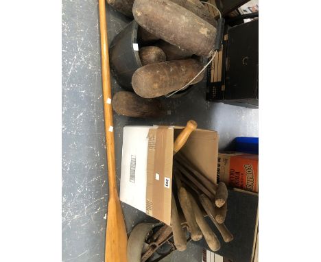 AN OAR, BOWLING PINS, A MIRROR, VARIOUS TOOLS AND RODENT TRAPS