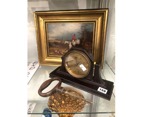 A BAKELITE CASED TABLE TOP ANEROID BAROMETER, A HUNTING PRINT AND A RING HANDLE