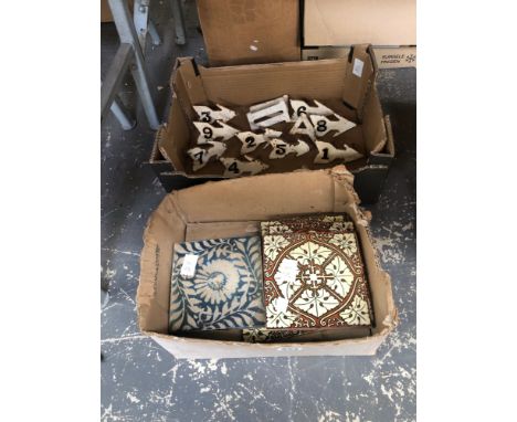 VARIOUS VICTORIAN TILES TOGETHER WITH IRON NUMBERED ARROW MARKERS