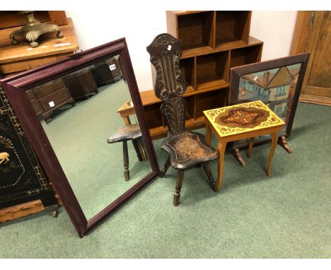 A VINTAGE OAK SPINNERS CHAIR, A MIRROR, A FIRE SCREEN, A OCCASIONAL TABLE AND A GLOBE