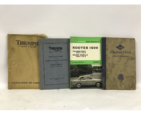 A Triumph Super Seven catalogue of parts, a Triumph Super Seven instruction manual and two further manuals. 