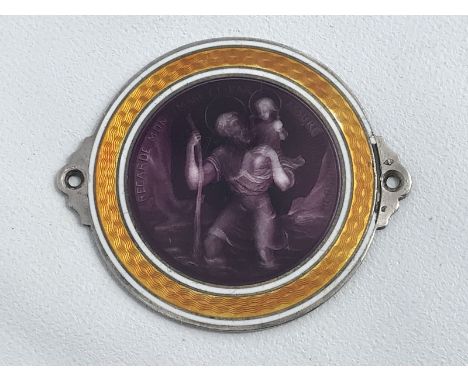 A French orange and purple enamel St. Christopher dashboard plaque. 