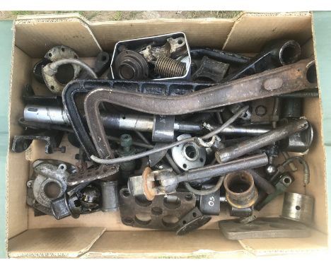 A box of vintage Bentley parts to include pedals, axle and brake parts etc. 