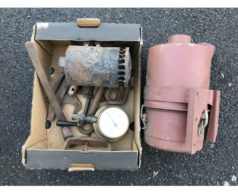 A Morris oil filter, a brass gauge, various tools etc.