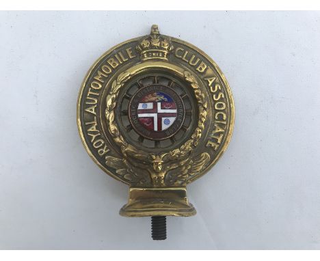 A rare RAC Associate car badge with Harrogate and District Automobile Club part enamel centre, brass 1908 pattern, no. B937.