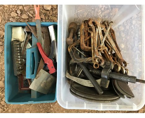 A quantity of vintage tools including pullers, spanners etc.