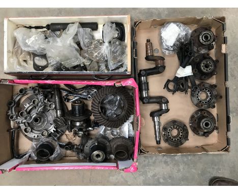 Three boxes of MG M-type and Morris parts including clutch, engine parts etc. 