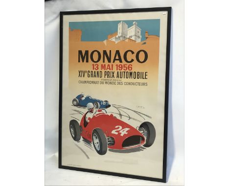 A large framed and glazed poster advertising the 1956 Monaco Grand Prix, also a Monaco part enamel badge, 28 1/4 x 40 1/2" (m