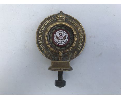 An RAC Associate car badge with Ladies Automobile Club of Great Britain and Ireland enamel centre, brass 1912 pattern, no. B2