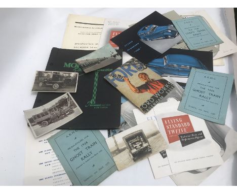 A quantity of pre-war and post-war postcards, Goose Train Rally publications, brochures for Vauxhall and Morris etc. 