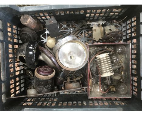A tray of vintage electrical items including petrol sender units.