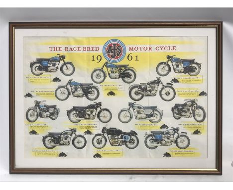 A framed and glazed original AJS poster dated 1961 depicting a range of their motorcycles, 33 x 24". 