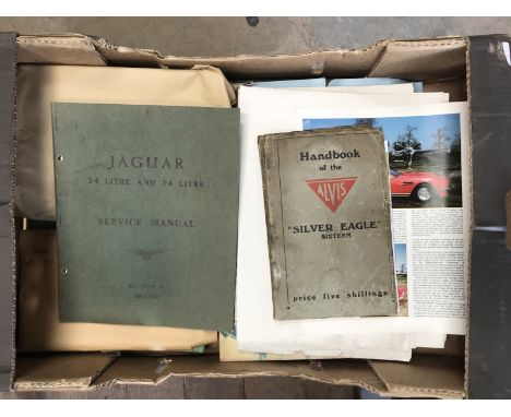 An Alvis Silver Eagle handbook, a Jaguar 2.4 and 3.4 manual, two folders of Motor Trader service sheets and various other eph