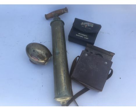An Enots brass sprayer, a motorist's warning lamp, a CAV side lamp etc. 