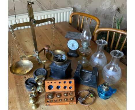 A set of brass 50oz troy balance scales;  Salter letter balance scales;  various weights;  coffee grinder;  etc** We would pl