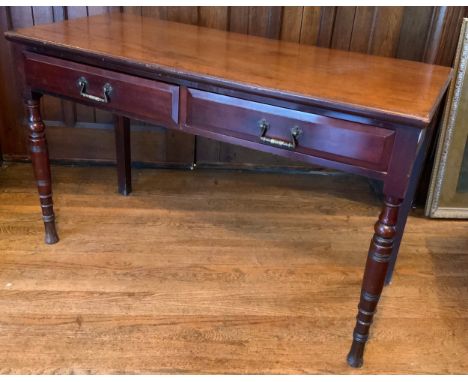 A late Victorian rectangular side table, two drawers to frieze, turned legs, angular handles, 76cm high, 121cm, 50cm deep, c.