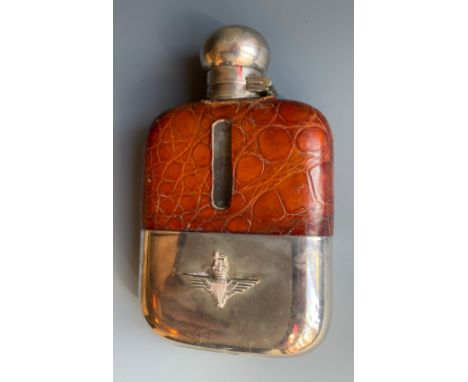 A silver and leather hip flask, the detachable base applied with Parachute Regiment emblem, 13cm high, James Dixon and Sons, 