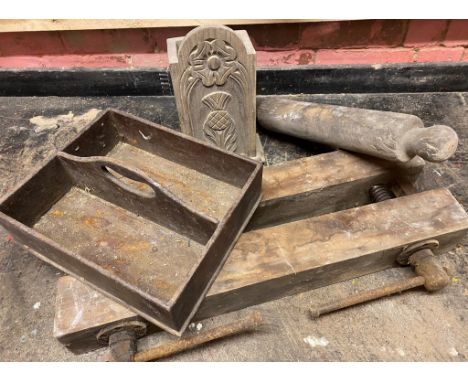 A 19th century butlers two section cutlery tray, c.1850; a large rolling pin; carved softwood fire tool box; a large block cl