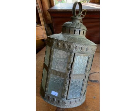 A late 19th/ early 20th century hall lantern, embossed with classical busts, bubbles frosted glass panels, 60cm highCondition
